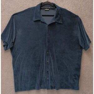 Y2K Velour Textured Shirt Women 3XL Blue Pleated Button‎ Up Soft Glam